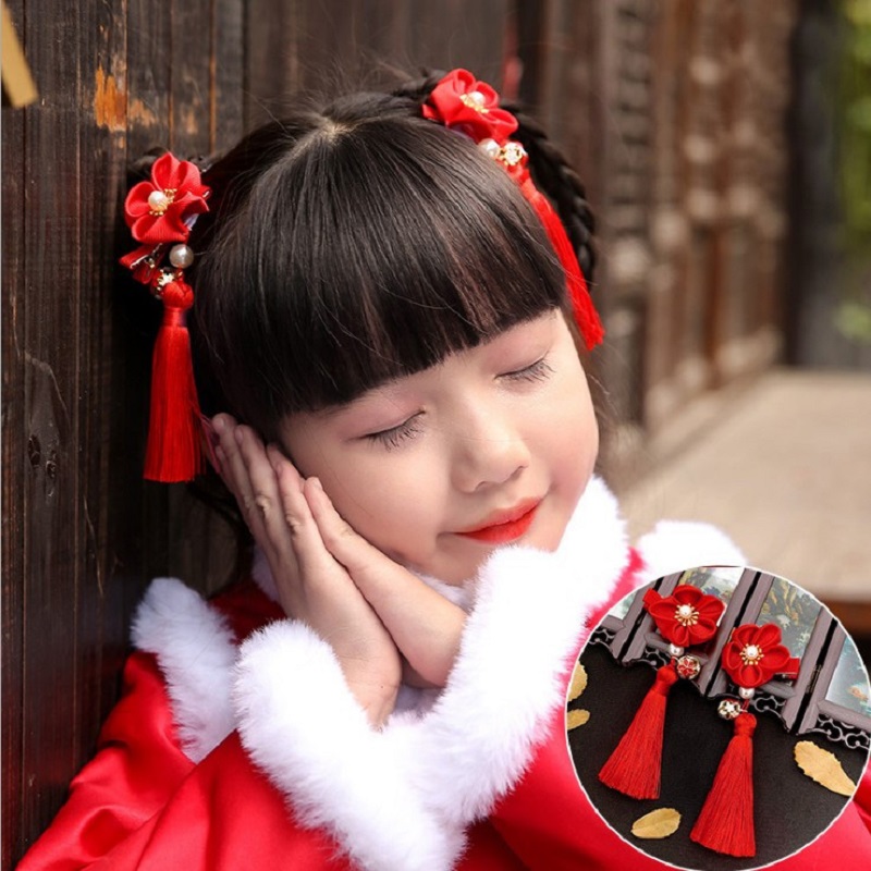 Jewelry Making For Kids - 1 ペア中国韓服ヘアアクセサリー赤ピンクの花のヘアピンヴィンテージドレス帽子ロングタッセルヘアクリップ Noiva ジュエリー