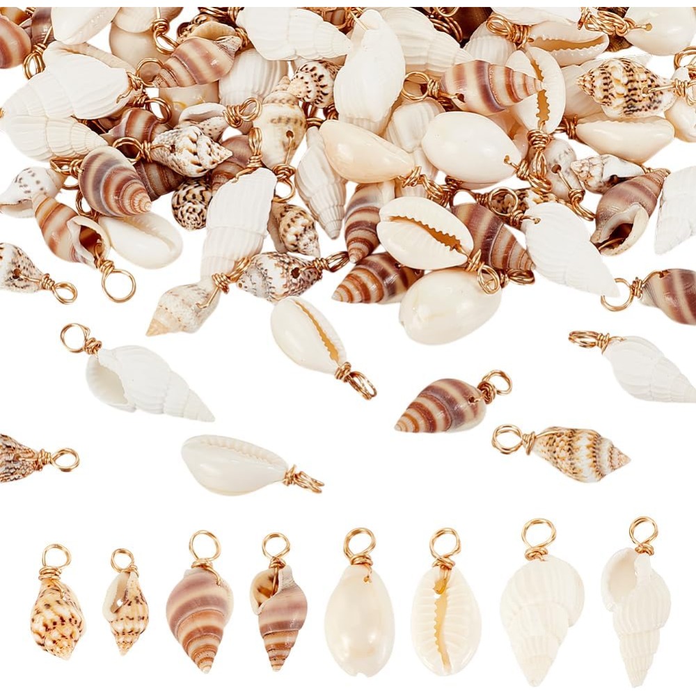 Jewelry Making Kit For Beginners - 100 個 4 スタイルナチュラルシェルチャームペンダント貝殻リンクネックレスブレスレットジュエリーメイキング巻貝コネクタキット