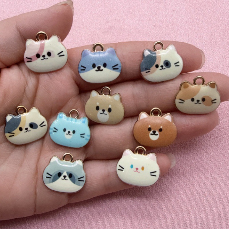 Jewelry Making Birthday Party - 12個入りプリント猫ヘッド合金ドリップオイルペンダント、DIYジュエリー製作イヤリング、キーホルダー、アクセサリー